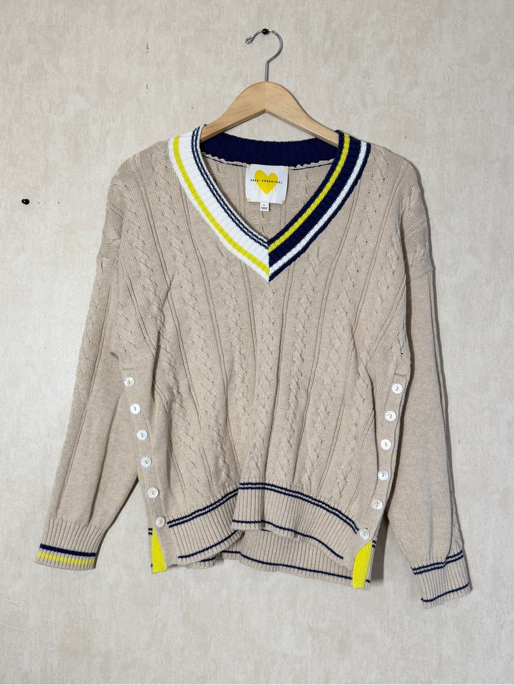 Kerri Rosenthal Women’s Patvee V-Neck Cable Knit Sweater Rugby in Oatmeal L